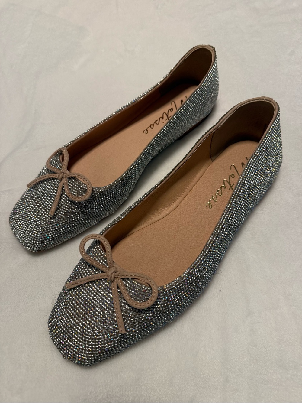 Matisse Roxy Rhinestone Ballet Flats 9.5 Silver Crystal Bow Square Toe